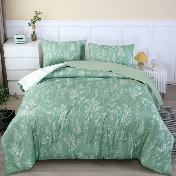 URBONUR 5Pcs Sage Green Floral Queen Comforter Set Printed Botanical Bed in A Bag Printed Branches Reversible Bedding Sets Floral Bedding Comforter for Women Men