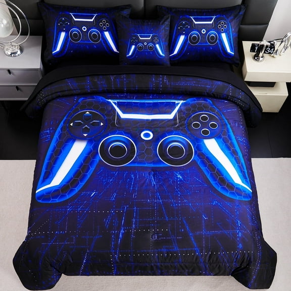 URBONUR 6 Pieces Gaming Twin Bed in a Bag Blue Black Gamer Boys Bedding Set Games Console Action Buttons Comforter Set with Sheets(Blue Twin)