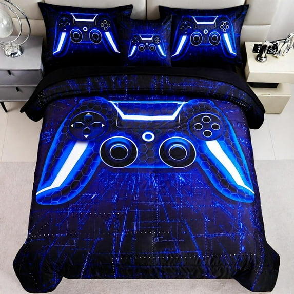 URBONUR 6Pcs Blue Gaming Full Size Bed in a Bag Video Game Comforter Set for Boys Kids Lightnings Gamepad Comforter with Sheets Set(Blue Full)