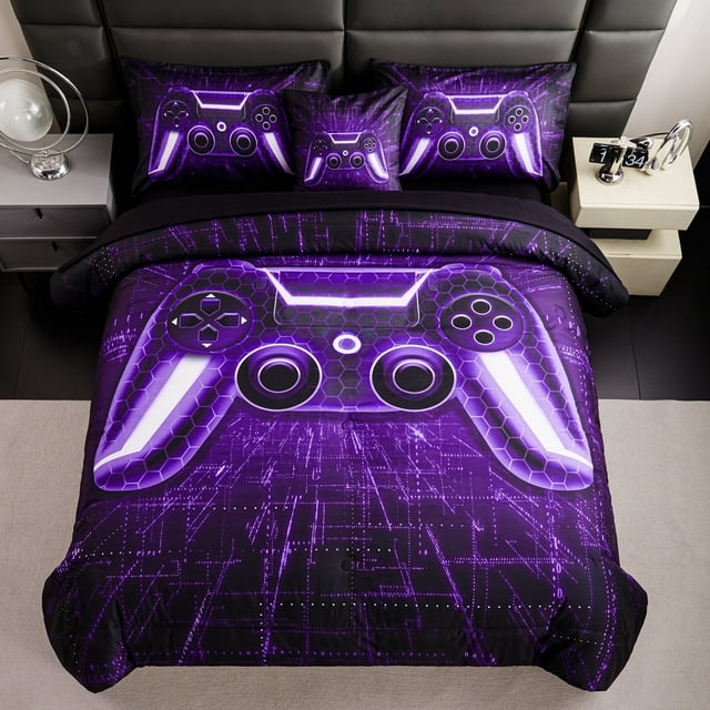 URBONUR 6Pcs Purple Game Twin Size Comforter Sets for Boys Teens Video Gamer Bed in a Bag Gaming Contoller Black Kids Bed Set with Sheet Set Modern Game Decor Bedding Set(Purple Twin)