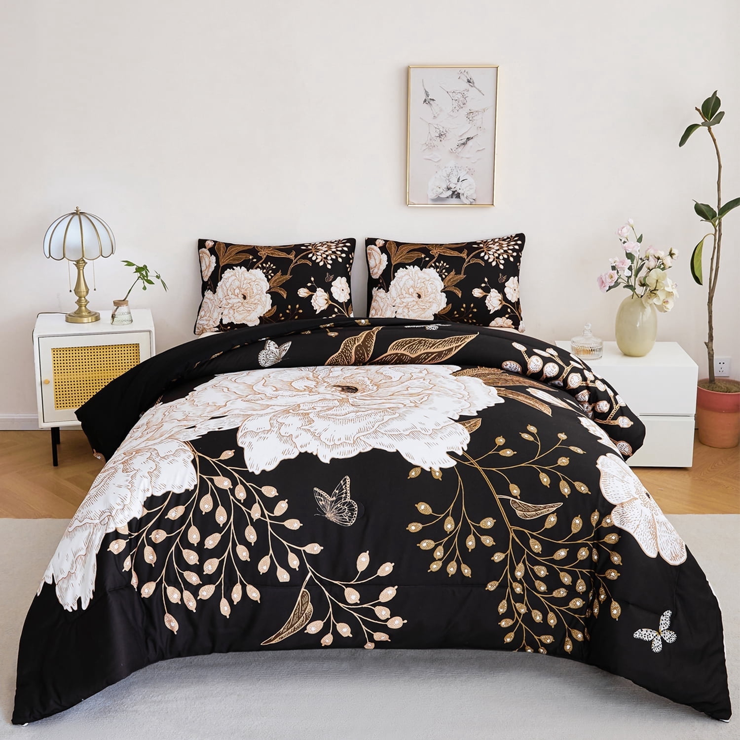 URBONUR Black Floral Full Comforter Set Printed Comforter White Flowers Butterfly Bedding Set 3 Pieces Botanical Farmhouse Comforter with 2 Pillowcases