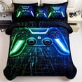 thumbnail image 1 of URBONUR Blue Green Game Comforter Set for Boys Kids Teens 6 Pieces Lightning Gamepad Bed in a Bag Gaming Video Black Bedding Set with Sheets Gamer Bedroom Set(Blue Green Queen), 1 of 10
