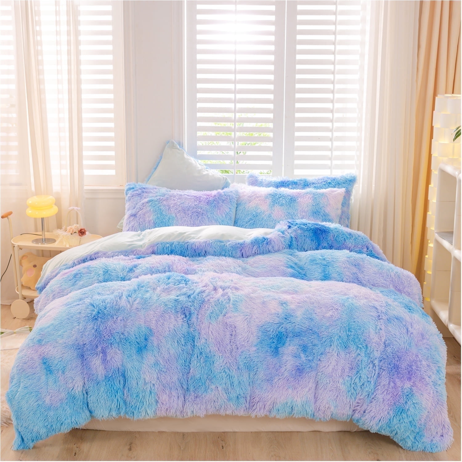URBONUR Blue Rainbow Girls Comforter Set Twin Plush Shaggy Bedding Set Fluffy Comforter Faux Fur Fuzzy Bedding Set for Girls Ultra Soft Cozy Bed Sets(1 Fluffy Comforter + 2 Pillowcases)