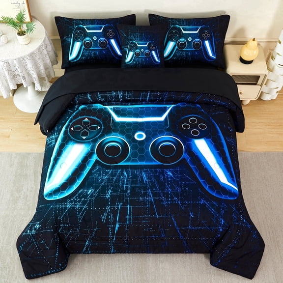 URBONUR Blue Teal Boys Comforter Sets Twin 6 Pieces Gaming Kids Bed in A Bag with Sheets Games Console Buttons Bed Set with Sheets(Blue Teal Twin)
