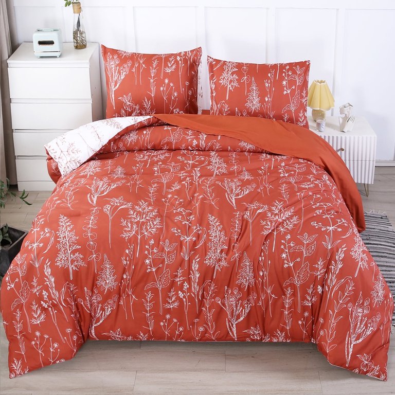 URBONUR King Comforter Set, Burnt Orange Botanical Floral Pattern 