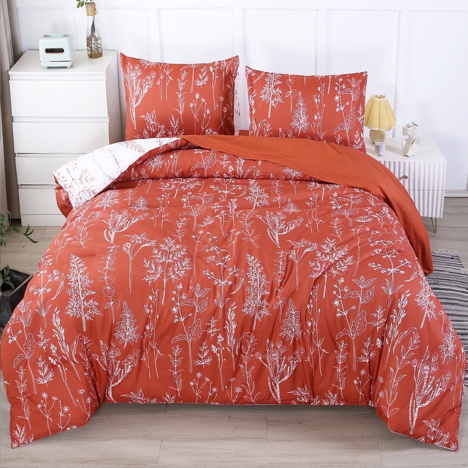 URBONUR Burnt Orange and White Comforter Set Queen Terracotta Botanical Bedding Sets Floral Bedding 5 Piece Printed Reversible Bed in A Bag with Comforter, Flat Sheet, Fitted Sheet