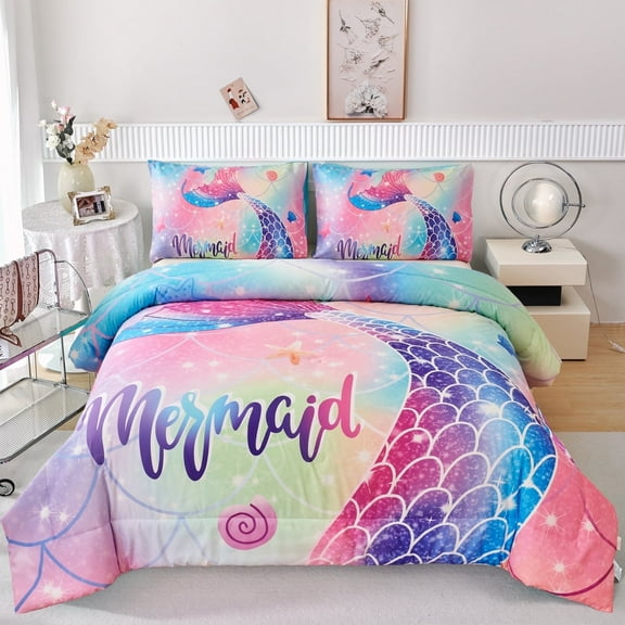 URBONUR Colorful Mermaid Queen Size Comforter Set for Girls Kids, Gradient Glitter Rainbow Girl Bedding Set, Galaxy Fish Tail Comforter for All Season