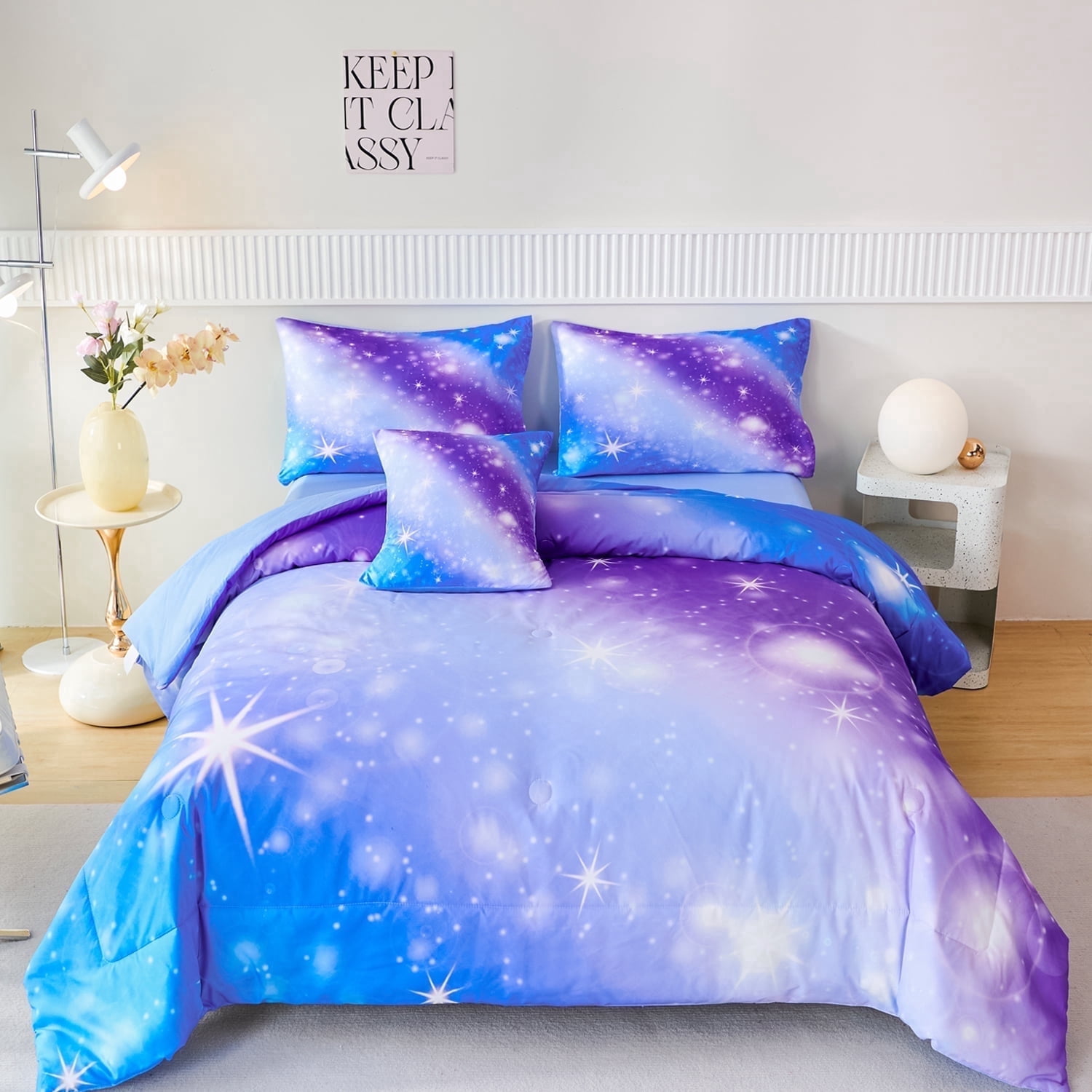 URBONUR Colorful Rainbow Galaxy Girls Comforter Set, 4Pcs Blue Gradient Glitter Bedding Set for Kids/Girls/Teens, Sparkle Galaxy Bed Comforter Set for All Season