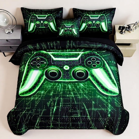 URBONUR Green Boys Comforter Sets Full Size Game Bedding Set for Kids Teens Green Lightning Gamepad Boy Bed Sets 6 Pieces Video Gaming Console Black Bed in a Bag with Sheet Set(Green Full)