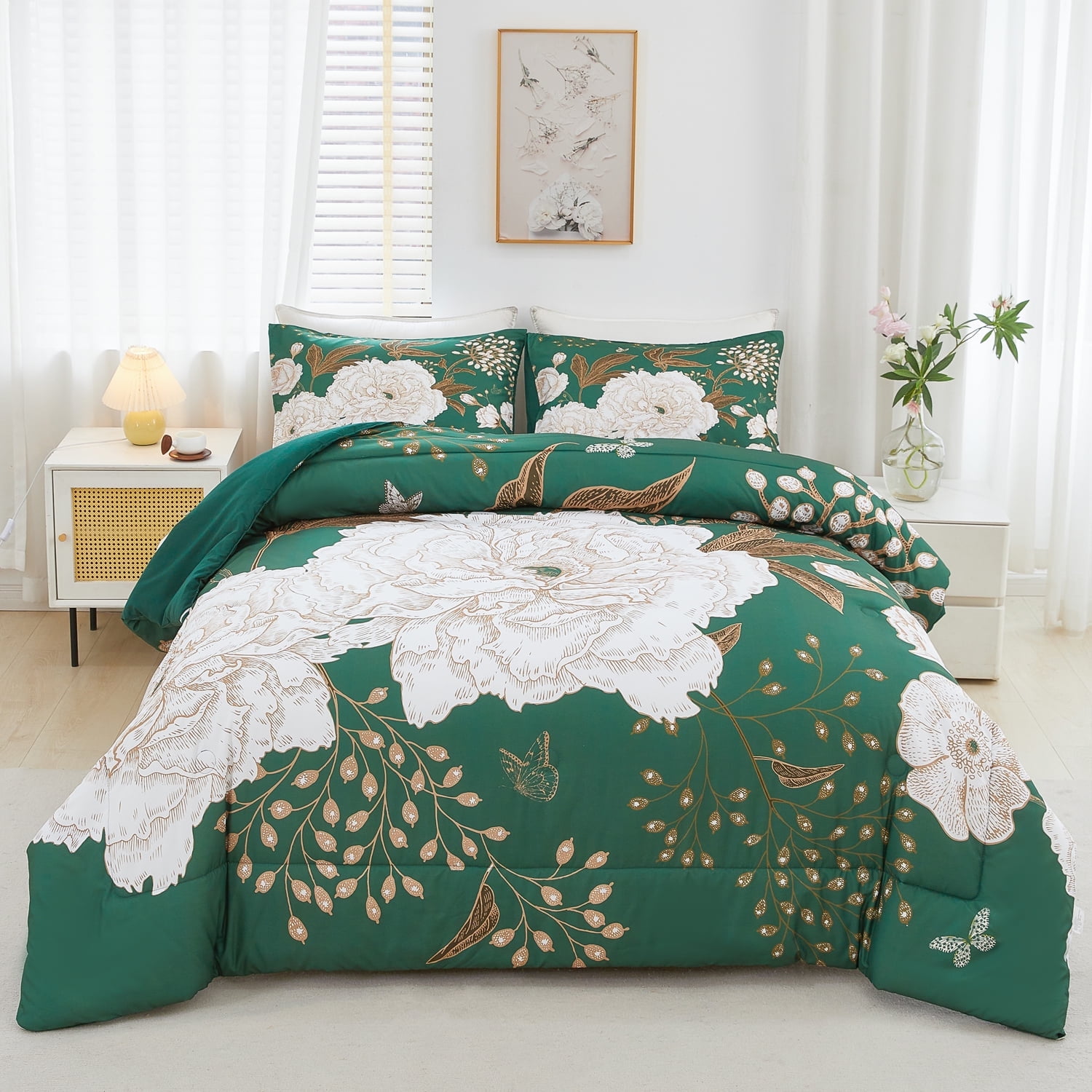 URBONUR Green Floral California King Size Bedding Comforter Set for Women Men Printed Comforter ...
