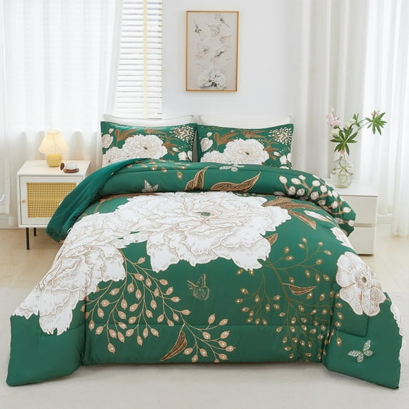 URBONUR Green Gold Queen Size Comforter Set Floral Bedding Comforter Set Butterfly Printed White Flowers Bedding Set 3 Pieces Botanical Farmhouse Bed Set with 2 Pillowcases