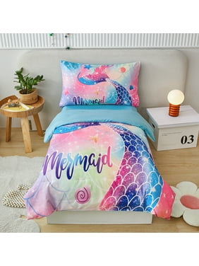 URBONUR Kids 4 Pcs Mermaid Tail Toddler Girl Comforter Set, Sparkle Fish Scale Comforter Bedding Set for Teens, Colorful Ombre Pastel Rainbow Bed Set for All Season