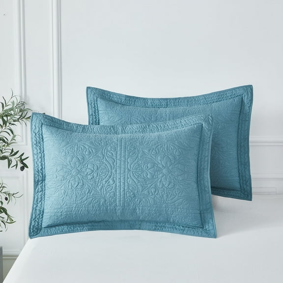 URBONUR Light Blue Floral Pillow Shams Standard Size Set of 2 Soft Breathable Farmhouse Quilted Pillow Covers Floral Bed Pillow Shams 20''× 26''