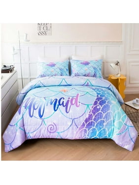 URBONUR Mermaid Bedding Sets Twin, 3 Pcs Glitter Fish Scale Kids Comforter Set for Girls, Aqua Blue Rainbow Bedding Comforter Set with Pillowcases for Kids Teens