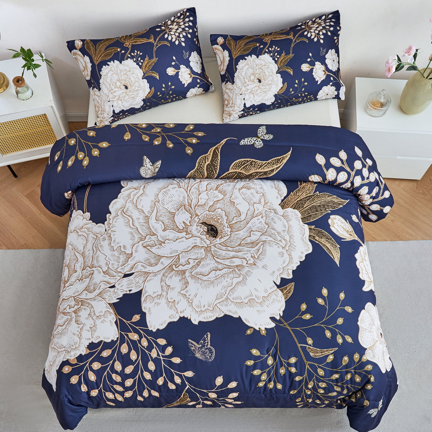 URBONUR Navy Blue Botanical Floral Comforter Set King Printing ...