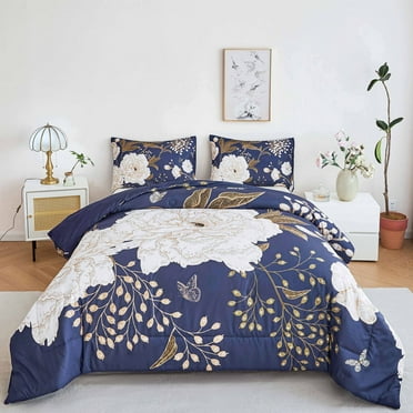 URBONUR Navy Blue Gold Queen Size Comforter Set 3 Pcs Botanical Floral Bedding Set White Flower and Gold Butterfly Leaves Printed Bed Comforter Set with 2 Pillowcases for Women Men