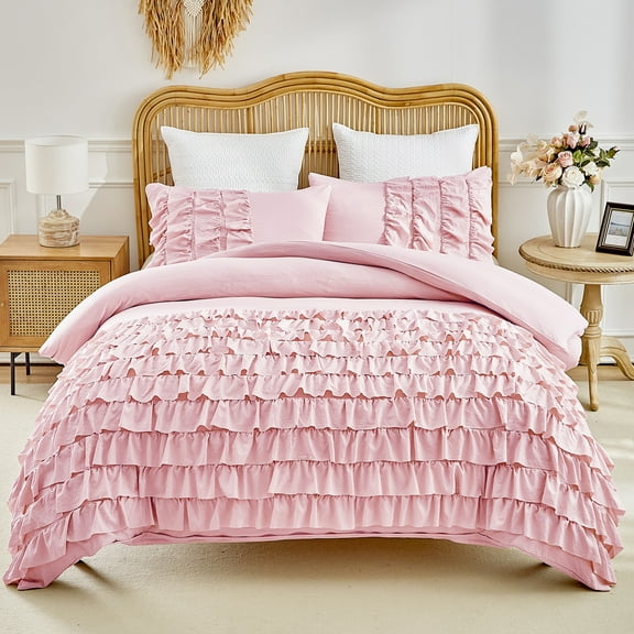 URBONUR Pink Queen Size Duvet Cover Set for Girls Ruffle Waterfall Girls Duvet Cover with Zipper Multi-Layers Comforter Covers with Pillowcases