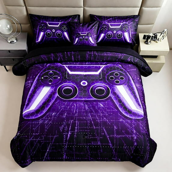 URBONUR Purple Gaming Queen Comforter Sets for Boys Teens 6Pcs Game Bed in A Bag Gampad Contoller Video Kids Teens Black Bedding Comforter with Sheet Set(Purple Queen)