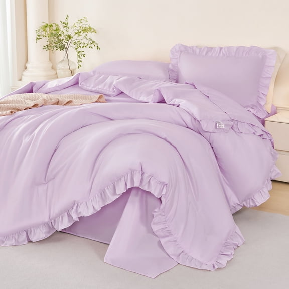 URBONUR Queen Size Comforter Set Purple-5 Pieces Ruffle Bed in A Bag Soft Farmhouse Bedding Sets for Women Lightweight Bed Sets for All Season(Purple Queen)