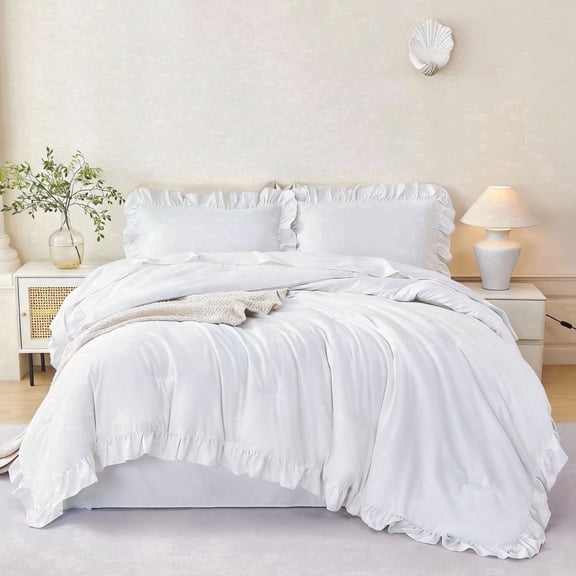 URBONUR Queen Size Comforter Set White-5 Pieces Ruffle Bed in A Bag with Sheets All Season Lightweight Farmhouse Bedding Sets(White Queen)