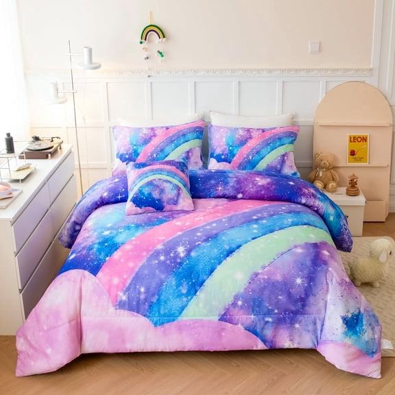 URBONUR Rainbow Girl Bedding Set Queen Tie Dye Bedding Galaxy Girl Bed Set Gradient Glitter Bed Comforter Set with Pillowcases