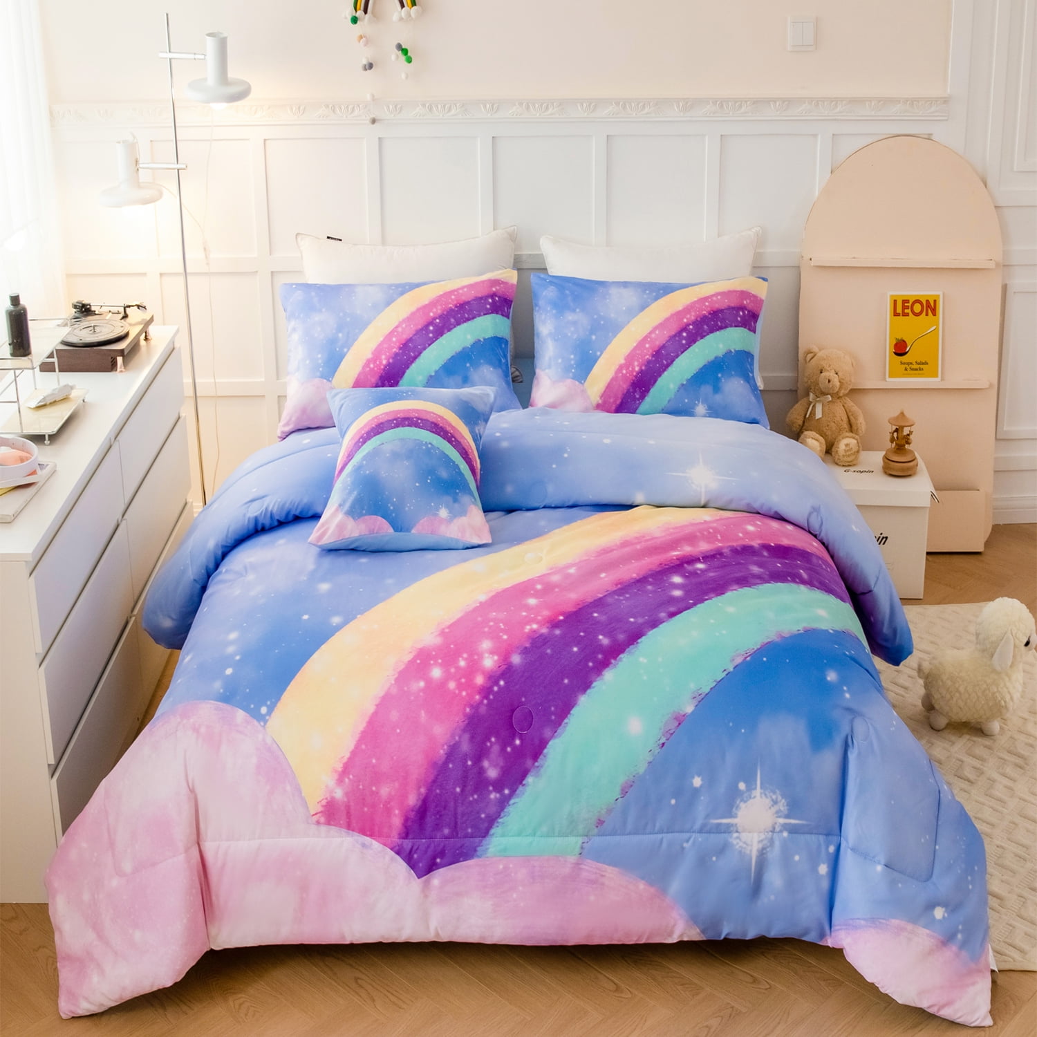 URBONUR Rainbow Girls Bedding Set Full 4 Pieces Blue Glitter Kids 