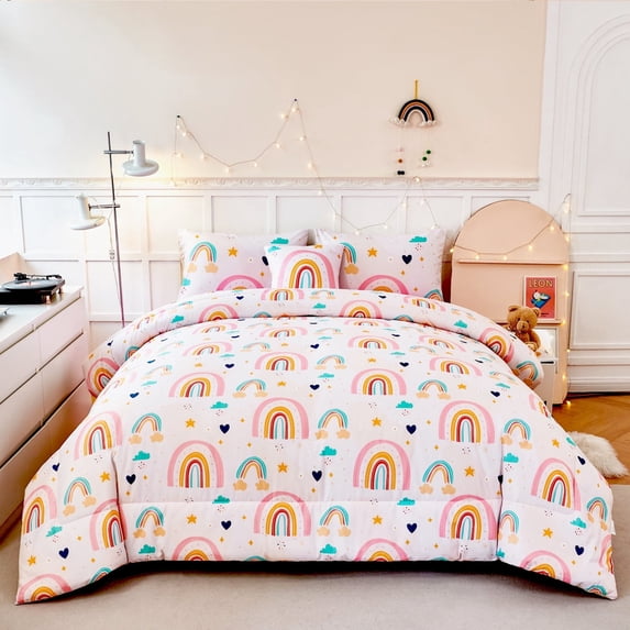 URBONUR Rainbow Queen Size Comforter Set for Kids Cartoon Love and Clouds Girls Bedding Set with Pillowcases