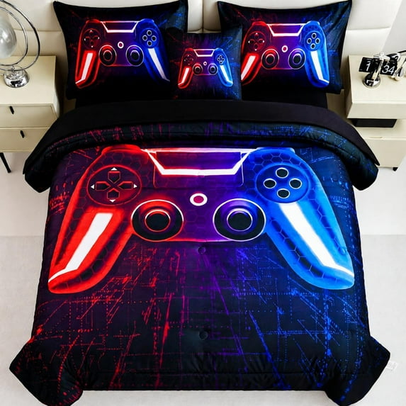 URBONUR Red Blue Boys Comforter Set Full Size Game Video Bedding Set Lightning Gamepad Black Kids Bed Comforter Gaming Console Bed in a Bag with Matching Pillowcases(Red Blue Full)