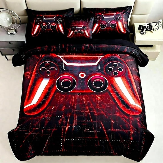 URBONUR Red Gamer Boys Comforter Set 6Pcs Queen Size Gaming Console Bed in a Bag for Kids Teens Video Gamepad Black Kid Bedding Comforter with Sheet Sets(Red Queen)
