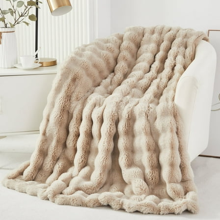 URBONUR Taupe Faux Rabbit Fur Bubble Throw Blankets for Couch Bed Sofa, Soft Warm Thick Throws and Blankets, Fluffy Fuzzy Plush Throw Blankets 51×63 Inches