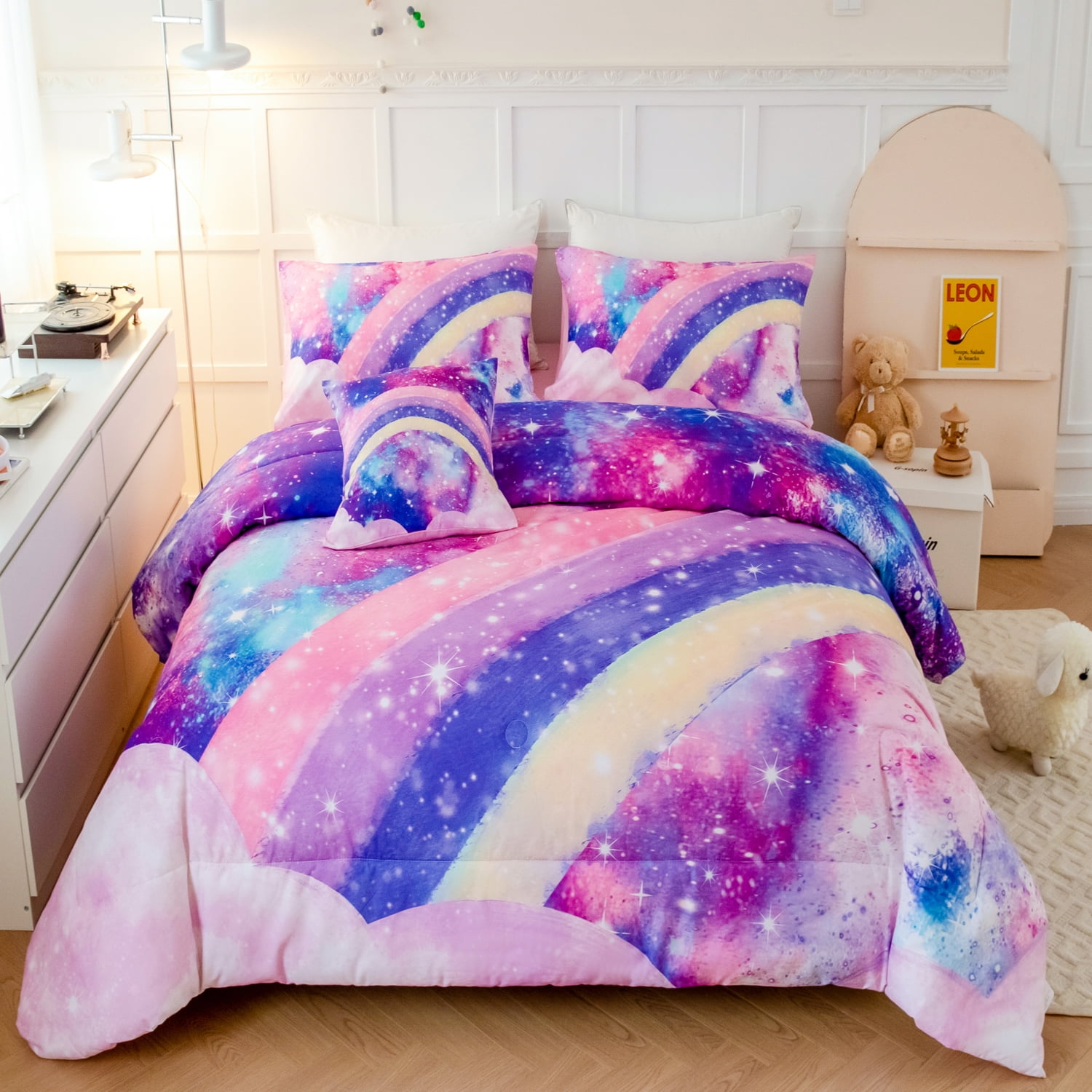 URBONUR Tie Dye Pink Comforter Sets Queen Colorful Rainbow Girls Bedding Sets Pastle Galaxy Bed