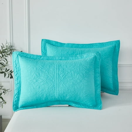 URBONUR Turquoise Embroidered Standard Size Quilted Pillow Shams Set of 2 Microfiber Floral Pillow Covers Soft Breathable lightweight Pillow Covers 20''× 26''