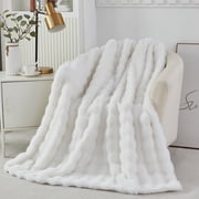 URBONUR White Faux Rabbit Fur Throw Blanket for Couch Chair, Fluffy Bubble Throw Blanket, Cute Fuzzy Blankets 40×63 Inches