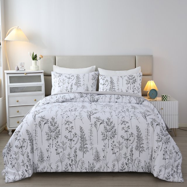 URBONUR White Full Comforter Set, 5 Pieces Print Botanical Bed in A Bag