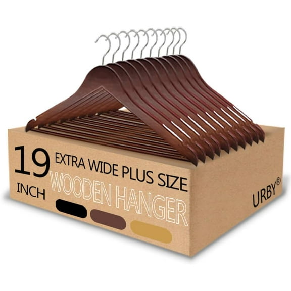 URBY 10pcs Extra Wide Wood Hangers 19 Inch for Plus Size Clothes, Walnut