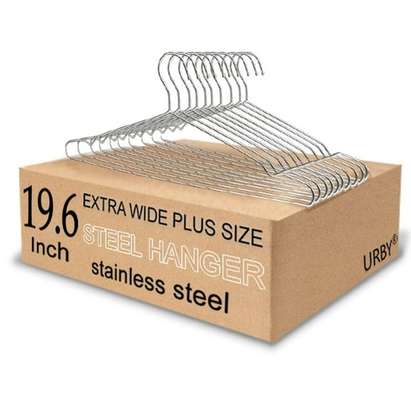 URBY 10pk Extra Wide Wire Hangers for Plus Size Clothes, 19.6 Inch Stainless Steel Plus Size Hangers Ideal for XL, XXL Shirts, Coats, Dresses, Etc. Silver