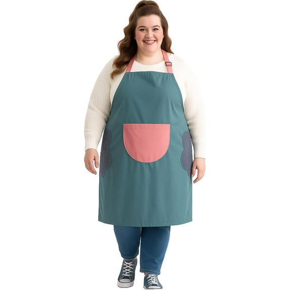 URBY 1pc Plus Size Extra Wide Apron with Hand Wiper Round Pockets, Blue