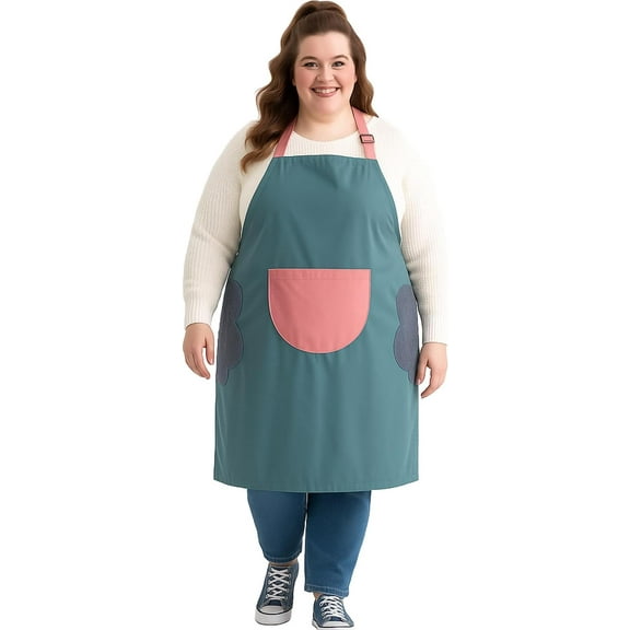 URBY 1pc Plus Size Extra Wide Apron with Hand Wiper Round Pockets, Blue