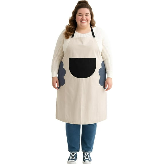 URBY 1pc Plus Size Extra Wide Apron with Hand Wiper Round Pockets, Gream