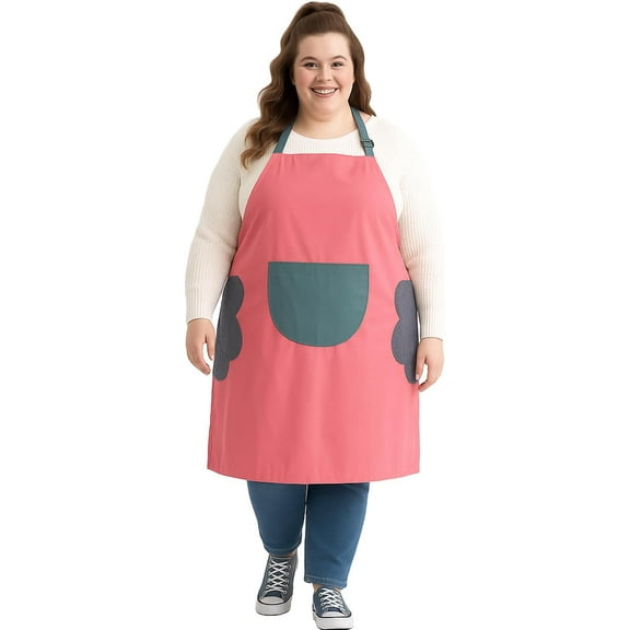 URBY 1pc Plus Size Extra Wide Apron with Hand Wiper Round Pockets, Pink