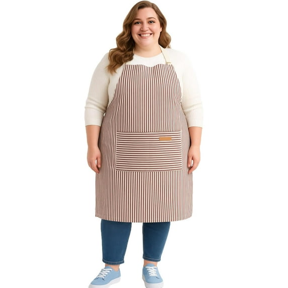 URBY 1pc Plus Size Strip Apron Extra Wide for Kitchen Cooking, Brown White