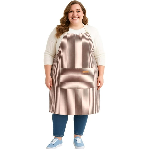 URBY 1pc Plus Size Strip Apron Extra Wide for Kitchen Cooking, Brown White