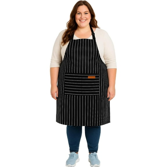 URBY 1pc Plus Size Wide Strip Apron With Pockets for Kitchen Cooking, Black White