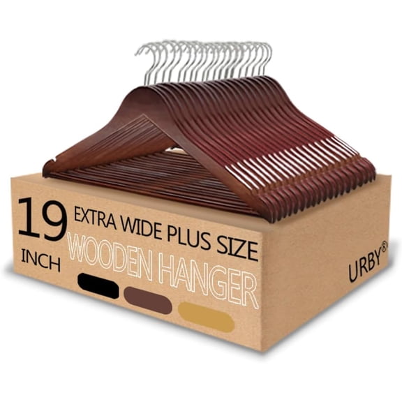 URBY 20pcs Extra Wide Wood Hangers 19 Inch for Plus Size Clothes, Walnut