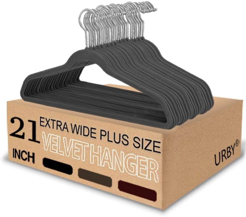 URBY 24pcs Extra Wide Velvet Hangers 21 Inch for Plus Size Clothes, Grey