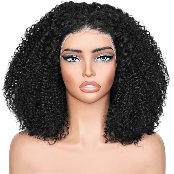 UREMY Afro Kinky Curly Wig Human Hair 13x4 HD Lace Front Wigs Brazilian Virgin Human Hair 180 Density Pre Plucked Bob Wigs for Black Women Natural Color 16 Inch