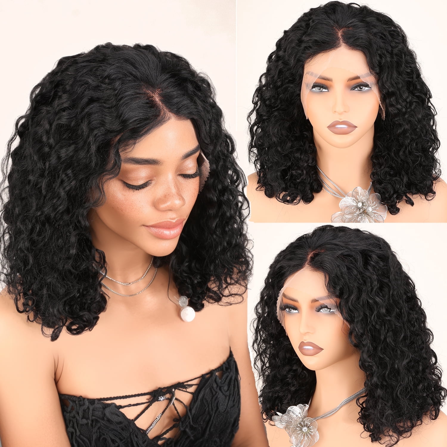 UREMY Bouncy Curly Wig Human Hair with Spiral End, 13x4 Lace Frontal Burmese Curly Bob Wigs, Water Wave Brazilian Pre Plucked Wigs for Black Women Natural Color 16 Inch
