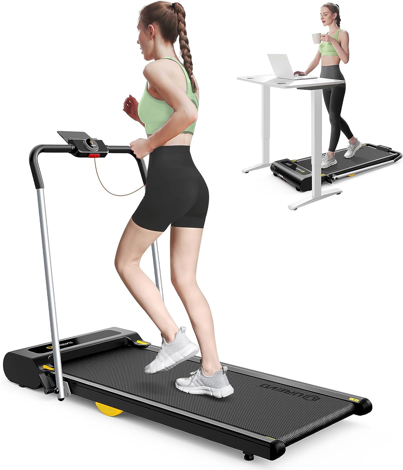 UREVO 2 in 1 Under Desks Treadmill, 5HIIT Modes Folding Treadmill with