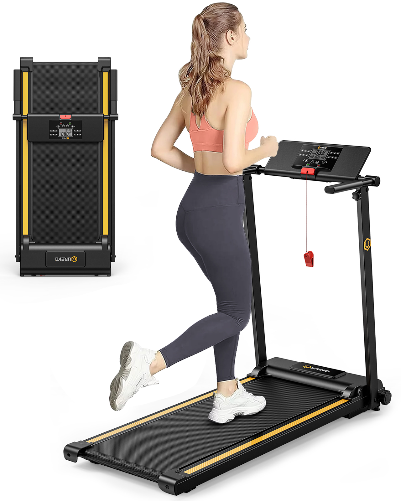UREVO Folding Treadmill, 2.25HP Portable Mini Treadmills for Home Office, Compact Threadmill with 12 HIIT Modes, LCD Display, 265 lbs Capacity - image 1 of 12