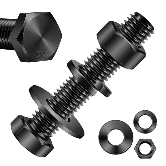 URIJDAS-1/2-13 x 2-1/2" Hex Head Screws Bolts, Nuts, Flat & Lock Washers, Fully Threaded, Stainless Steel 18-8, Black Finish, 4 Sets